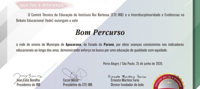Apucarana recebe selo de qualidade pelo bom percurso na educação municipal